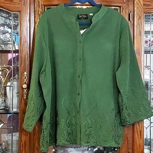Bob Mackie's Button Front Embroidered Edge Shirt  3x  Olive Green